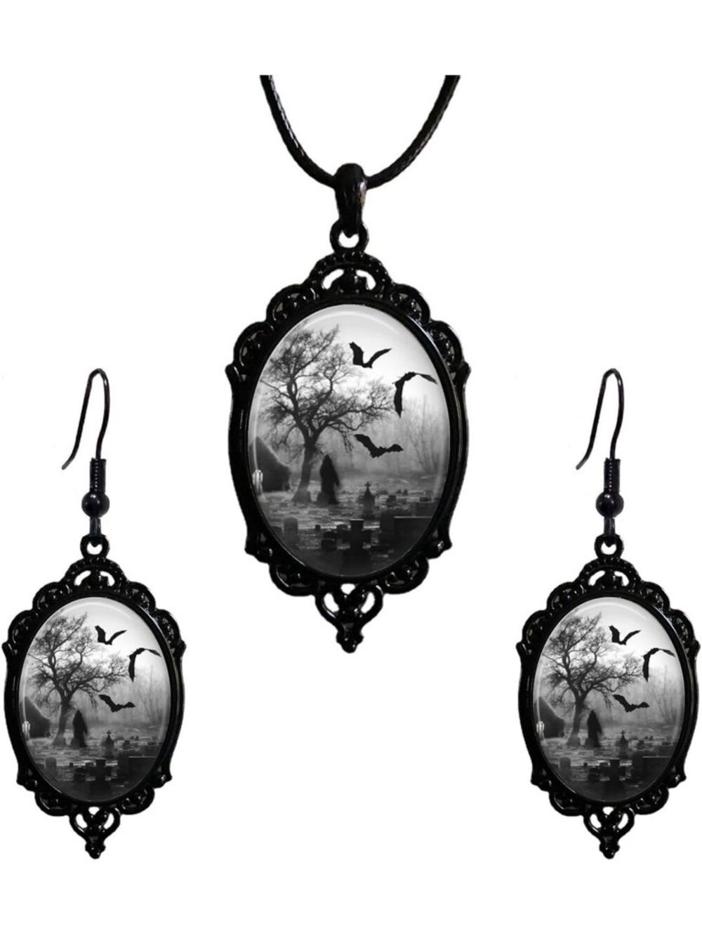 Vintage Gothic Raven Bat Witch Jewelry Set Cameo Necklace Earrings-B3:Black Bat
